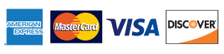 Logos for 4 types of credit cards accepted: Visa, Mastercard, Amex, and Discover